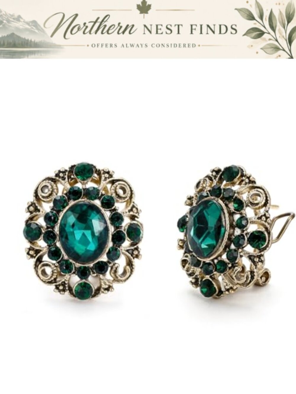 Victorian Style Oval Crystal Stud Earrings Rhinestone Floral Vine Art Deco